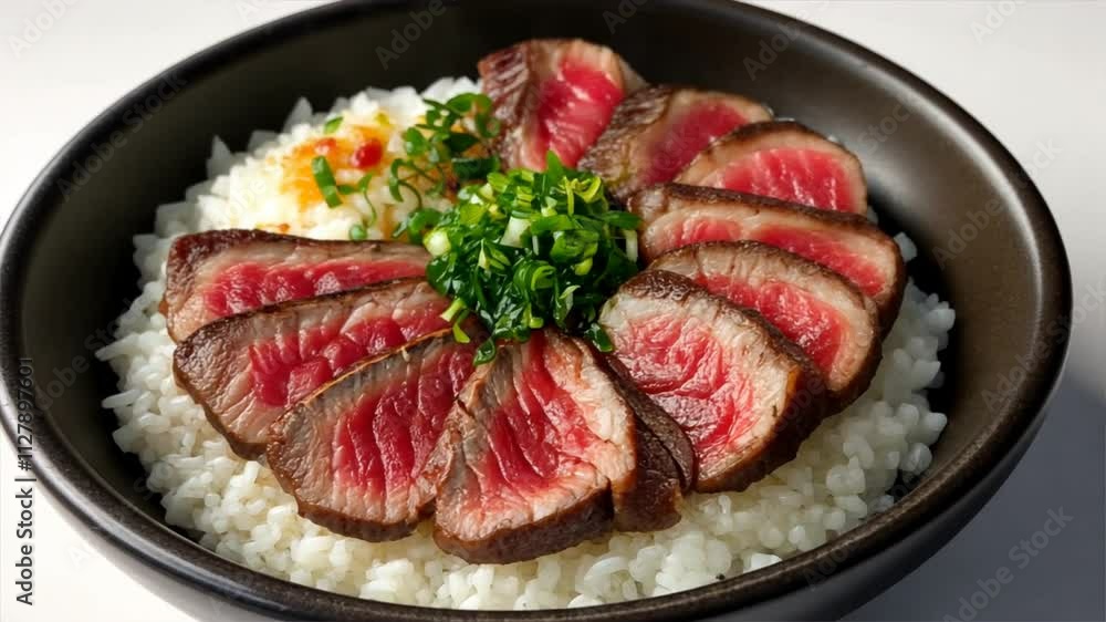 Delicious Japanese beef sashimi bowl served on fluffy white rice, garnished with fresh green onions, creating mouthwatering meal that showcases exquisite cuisine. Delicious Japanese beef sashimi bowl served on fluffy white rice, garnished with fresh green onions, creating mouthwatering meal that showcases exquisite cuisine.