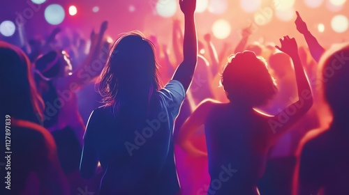 Concert crowd, vibrant lights, ecstatic dancers.