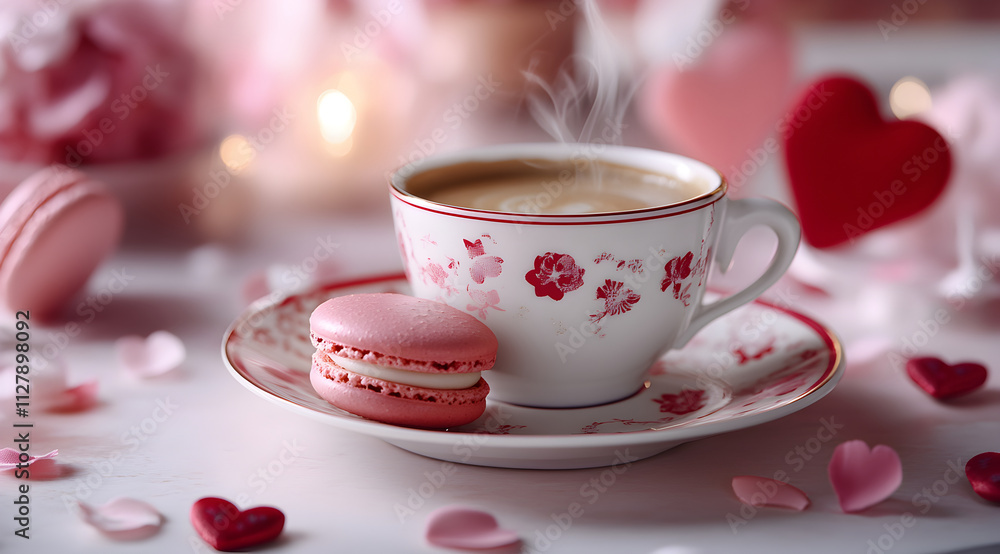 Fototapeta premium A cozy cup of coffee with a pink macaroon, surrounded by heart-shaped decorations and petals, creating a romantic ambiance.
