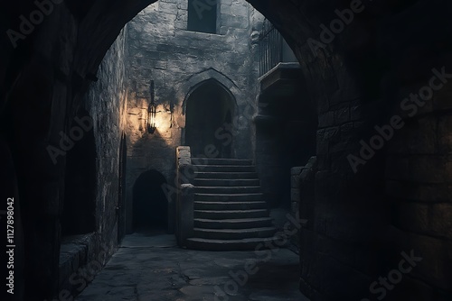 A dimly lit stone corridor with stairs, evoking a medieval or fantasy atmosphere.