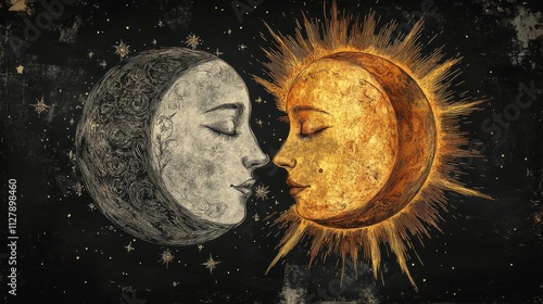 Celestial Harmony: Artistic Depiction of Sun and Moon in Cosmic Embrace with Starry Background photo