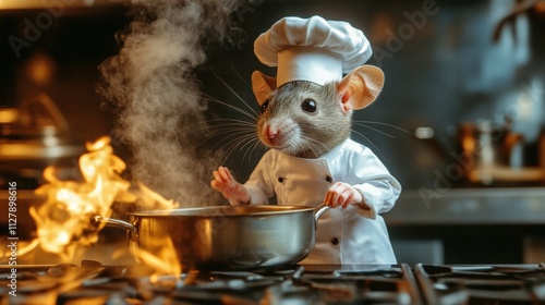 A cartoonish rat chef cooking in a kitchen, surrounded by smoke and flames.