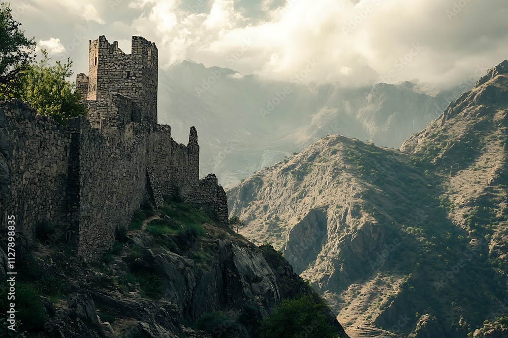A stone fortress stands on a hillside amidst rugged mountains and cloudy skies. A stone fortress stands on a hillside amidst rugged mountains and cloudy skies.