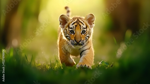 A playful young tiger cub exploring its lush green surroundings with curiosity.