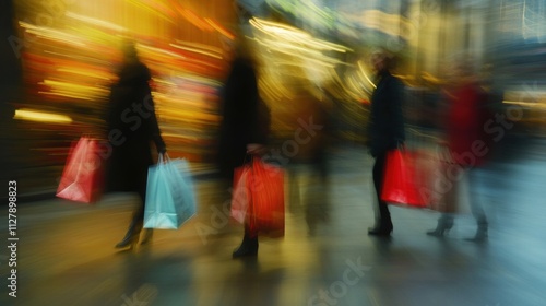 Motion blurred shopper with shopping bags walking in shopping mall in big city street.