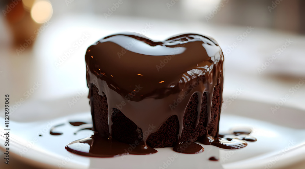 A rich chocolate cake shaped like a heart, dripping with molten chocolate, served on a white plate, creating an indulgent and romantic dessert. A rich chocolate cake shaped like a heart, dripping with molten chocolate, served on a white plate, creating an indulgent and romantic dessert.