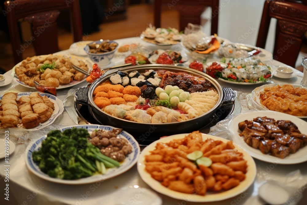 A Lavish Chinese Reunion Dinner Feast with an Array of Delicious Dishes A Lavish Chinese Reunion Dinner Feast with an Array of Delicious Dishes