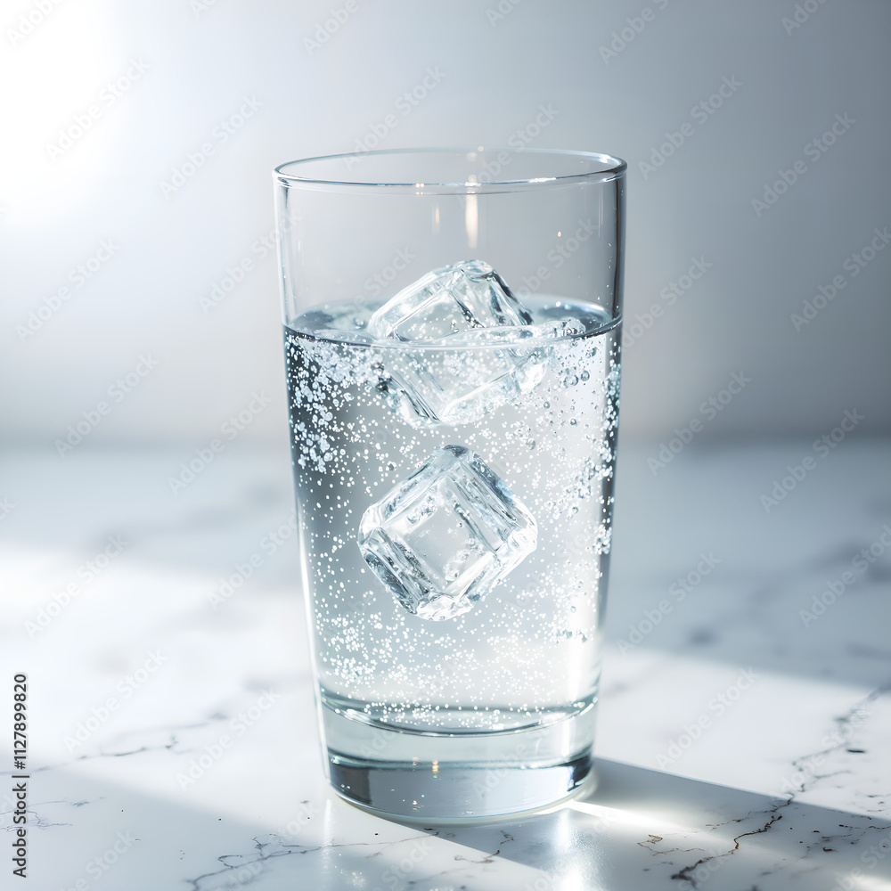 Refreshing glass of sparkling water with ice cubes on a marble surface, photography of still life concept. Refreshing glass of sparkling water with ice cubes on a marble surface, photography of still life concept.