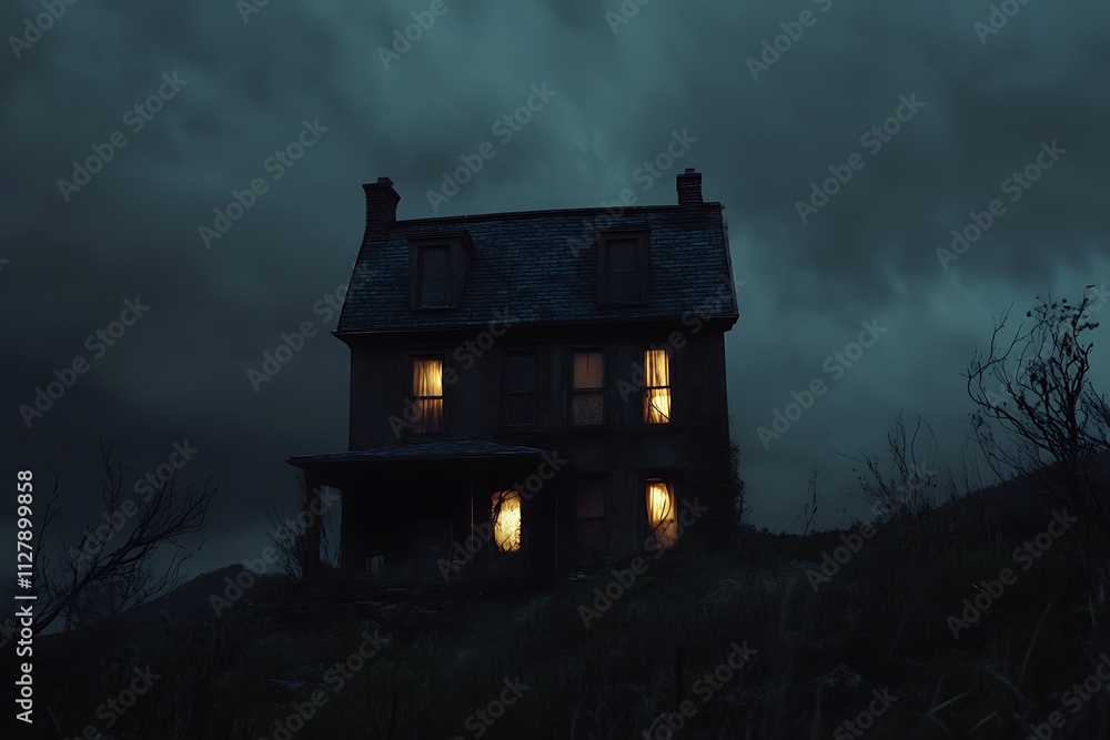A dark, eerie house illuminated by glowing windows under a stormy sky. A dark, eerie house illuminated by glowing windows under a stormy sky.