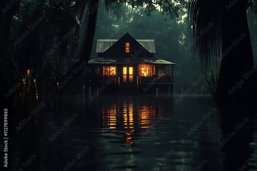 Fototapeta premium A serene, illuminated house surrounded by water in a misty, atmospheric landscape.