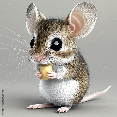 A clean white-style image of A photorealistic image of a mouse nibbling on cheese.  photo