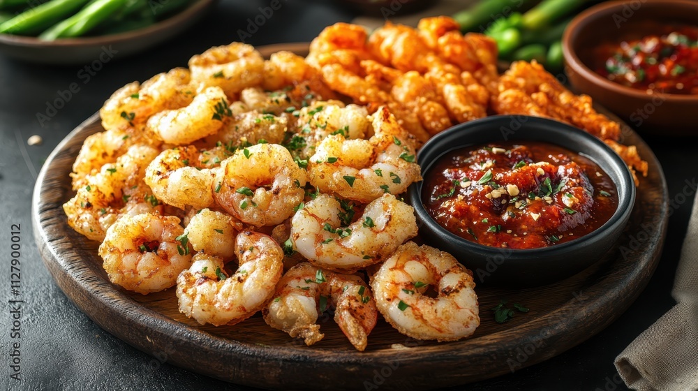 Delicious Crispy Fried Shrimp Platter with Spicy Dipping Sauce and Fresh Herbs on Rustic Wooden Plate Delicious Crispy Fried Shrimp Platter with Spicy Dipping Sauce and Fresh Herbs on Rustic Wooden Plate