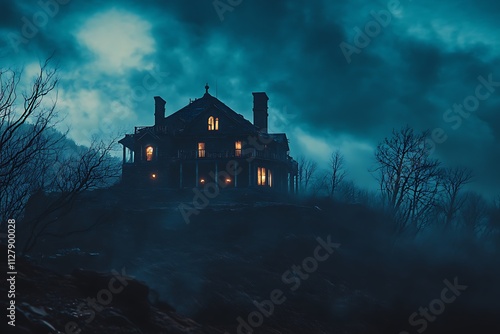 A dark, eerie mansion looms on a hill, illuminated by warm lights amidst a stormy sky. photo