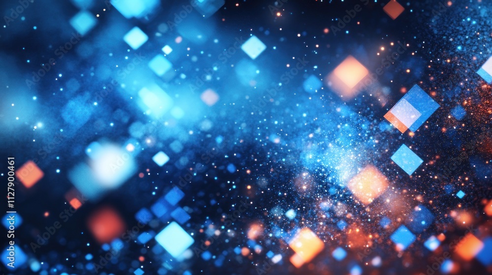 Abstract background with glowing blue and orange diamonds and particles. Abstract background with glowing blue and orange diamonds and particles.
