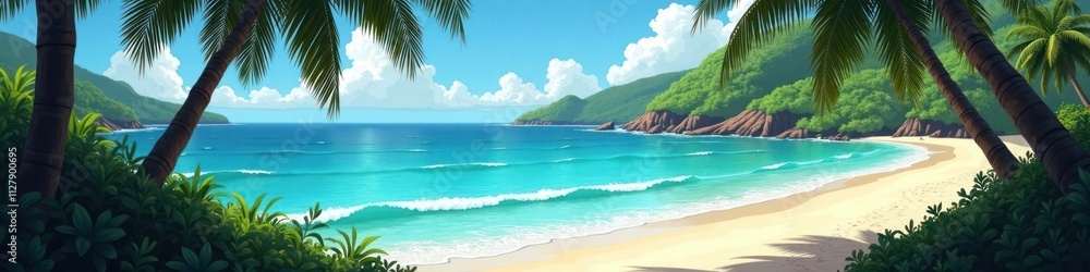 Turquoise beach scene shows calm turquoise sea waves gently lapping at sandy beach. Rich tropical palm trees line shore, green hills form backdrop. People relaxing on beach. Sunny day. Vacation Turquoise beach scene shows calm turquoise sea waves gently lapping at sandy beach. Rich tropical palm trees line shore, green hills form backdrop. People relaxing on beach. Sunny day. Vacation