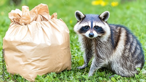 A clean white-style image of A photorealistic image of a raccoon rummaging through trash.  photo