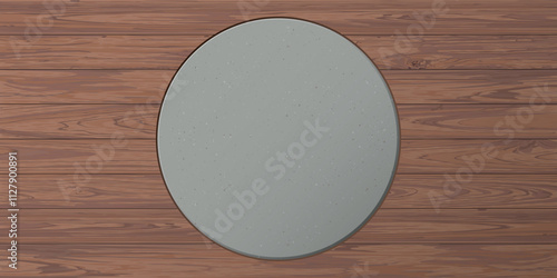 Cut timber panels mocha mousse tone background with blank circle frame cement texture loft style graphic illustration.