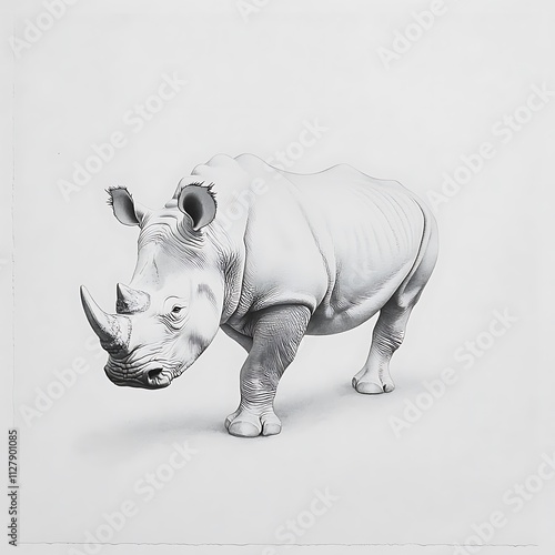 A clean white-style image of A photorealistic image of a rhinoceros charging through the bush.  photo