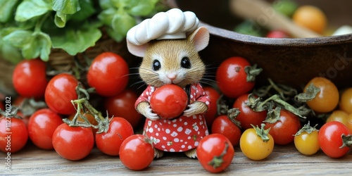 A cute mouse dressed as a chef holds a cherry tomato among fresh produce.