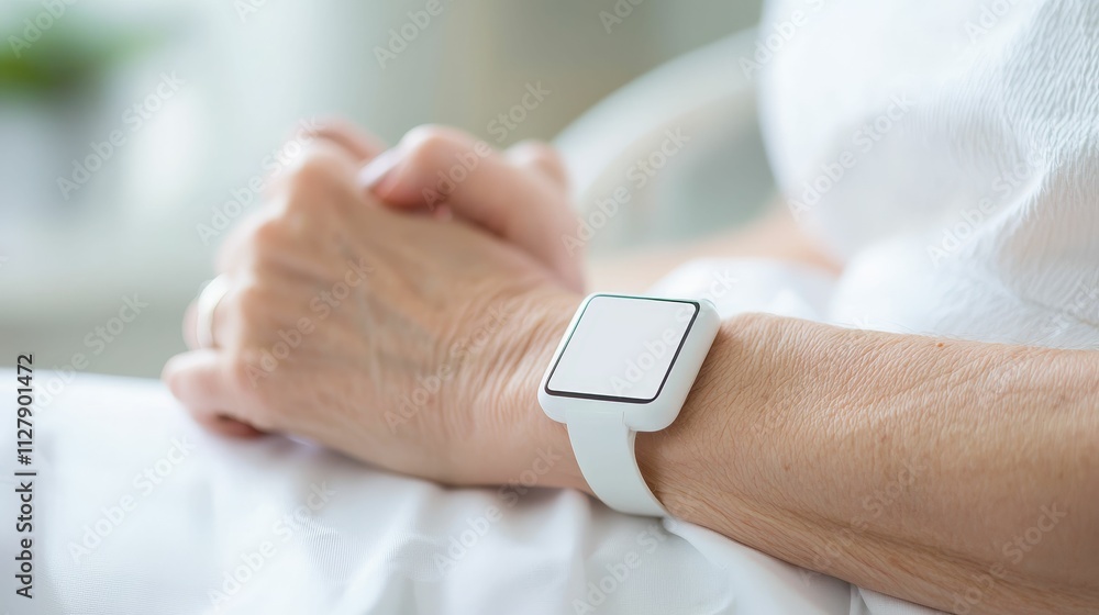 surgery recovery innovation concept, A close-up of a person's hand resting with a white smartwatch on the wrist, suggesting a focus on technology and personal health monitoring. surgery recovery innovation concept, A close-up of a person's hand resting with a white smartwatch on the wrist, suggesting a focus on technology and personal health monitoring.