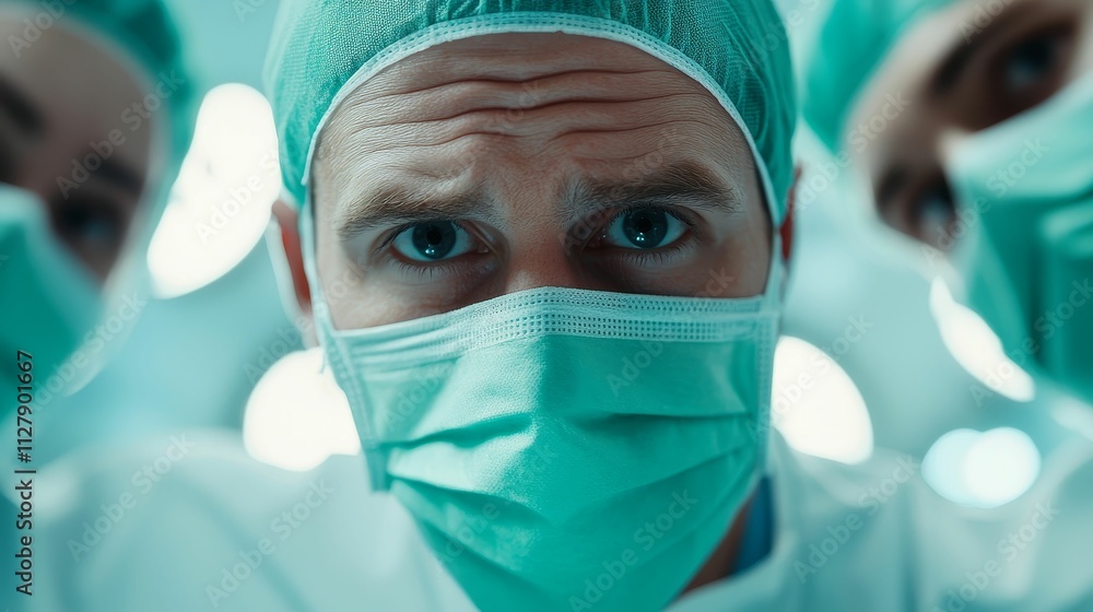 surgery recovery innovation concept, A focused surgeon and colleagues in scrubs and masks, preparing for a procedure in a bright, clinical environment. surgery recovery innovation concept, A focused surgeon and colleagues in scrubs and masks, preparing for a procedure in a bright, clinical environment.