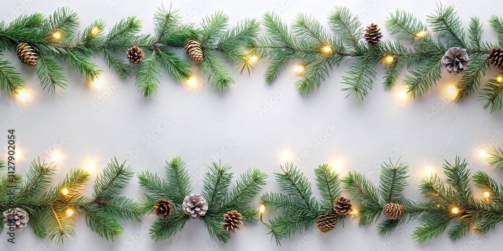 Festive Evergreen Branches with Pinecones and Fairy Lights Border Festive Evergreen Branches with Pinecones and Fairy Lights Border