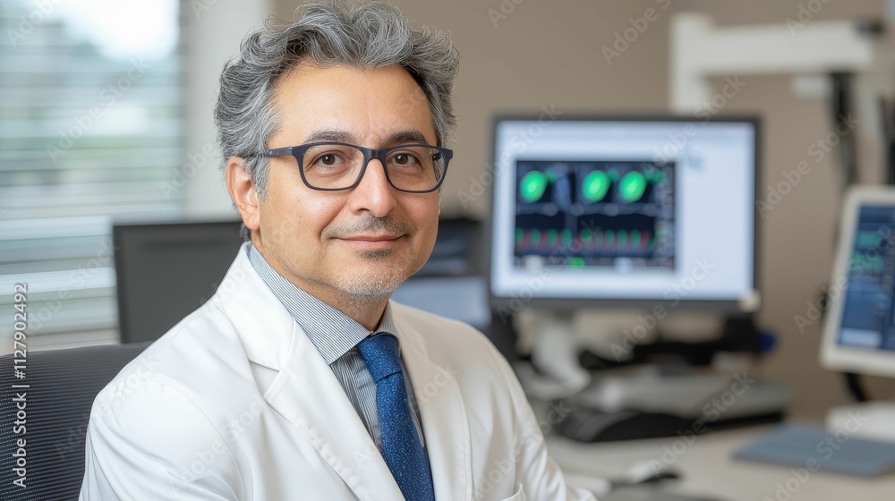 surgery recovery innovation concept, A professional-looking individual in a white coat sits confidently in an office with medical equipment and screens in the background. surgery recovery innovation concept, A professional-looking individual in a white coat sits confidently in an office with medical equipment and screens in the background.