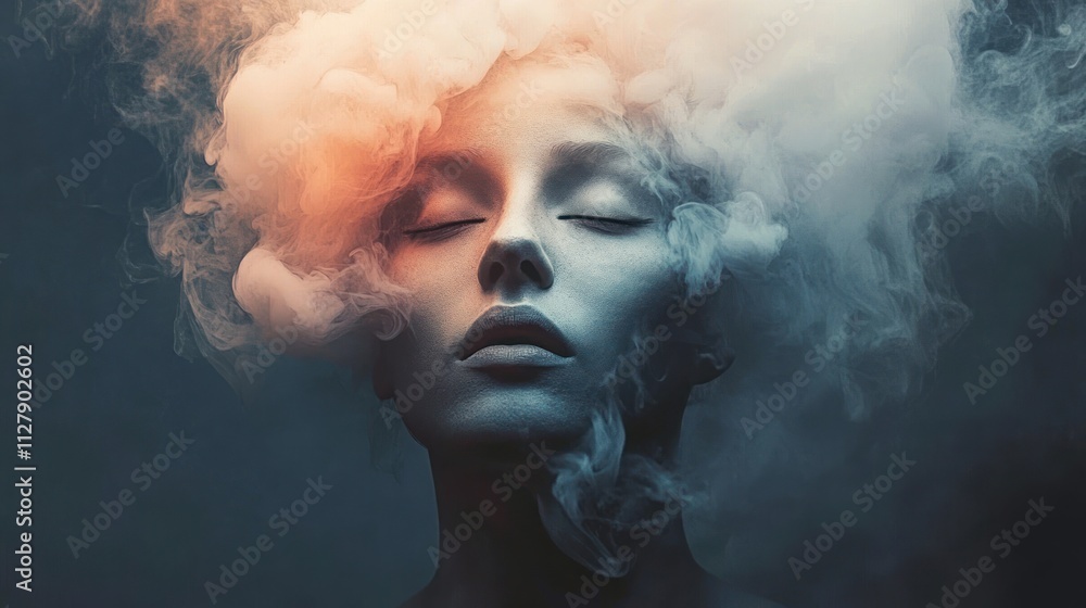 Surreal Portrait of a Faceless Figure in Dark Covering Head with Smoke Concept of Hiding Personality and Social Rules Surreal Portrait of a Faceless Figure in Dark Covering Head with Smoke Concept of Hiding Personality and Social Rules