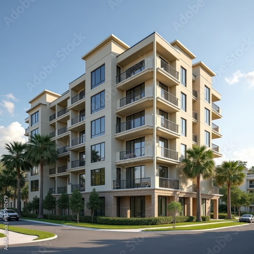 Beige condominium building in St Augustine Florida. Modern apartment complex with balconies. Palm trees, landscaping. Street view of residential development. Sunny day. 2019 construction. Property