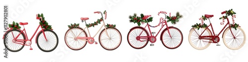 3D Vintage Xmas Decor Ornaments, collection of decorated bicycles showcasing vibrant colors and themes for a lively outdoor experience., Isolated on white background photo