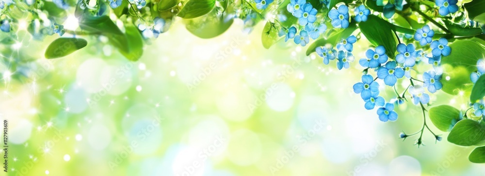 Blue forget-me-nots blossoms and green leaves on bright bokeh background. Blue forget-me-nots blossoms and green leaves on bright bokeh background.