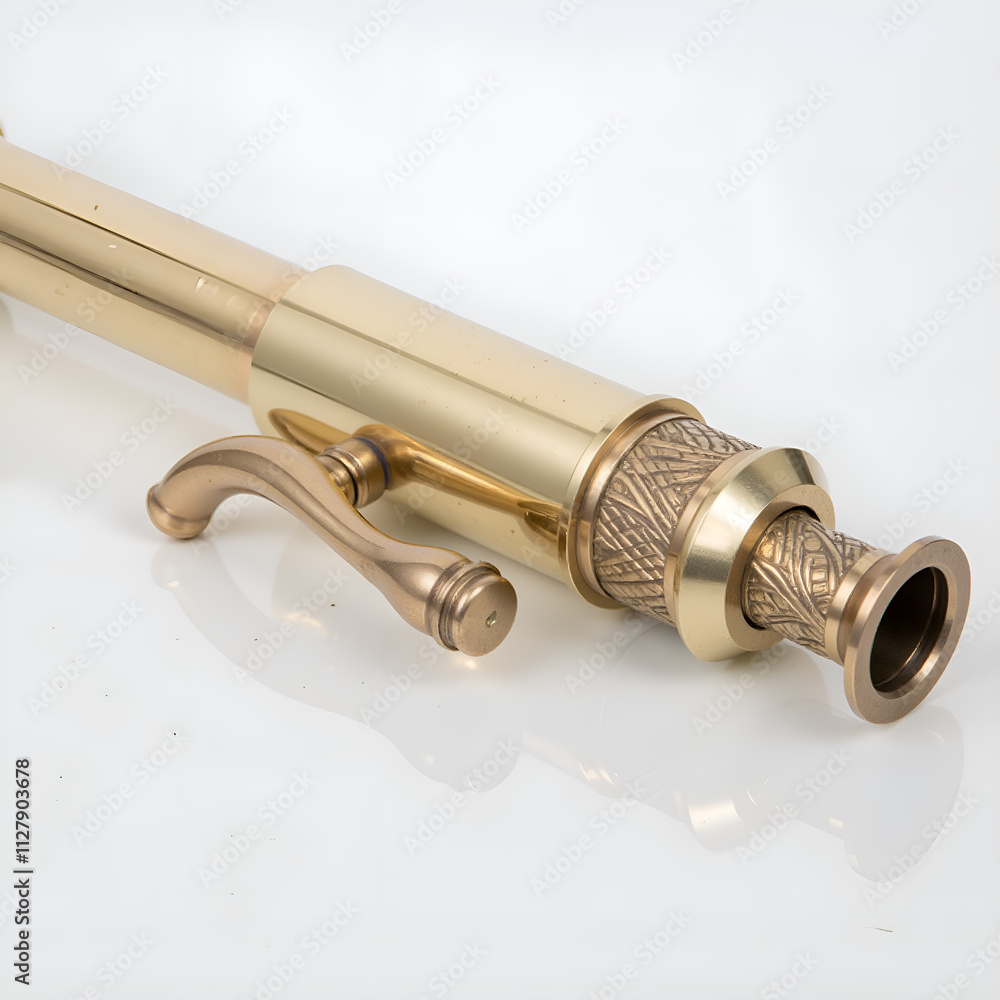 A detailed view of an elegant brass instrument with intricate design and polished finish, photography of still life concept. A detailed view of an elegant brass instrument with intricate design and polished finish, photography of still life concept.