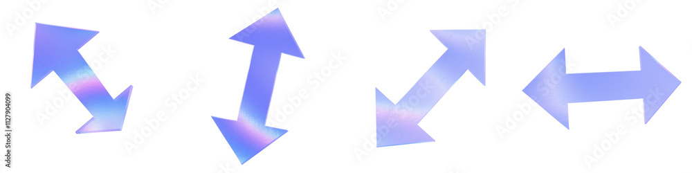 Set of 4 3d glass 2 heads arrow shape with aberration effect isolated on a transparent background. Blue tone. 3d transparent elements for graphic design. Set of 4 3d glass 2 heads arrow shape with aberration effect isolated on a transparent background. Blue tone. 3d transparent elements for graphic design.