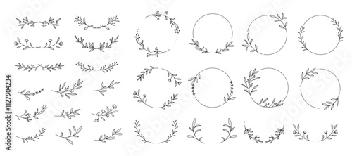 hand drawn simple Frame line wreath with flower and leaf branch for wedding banner ,logo template	