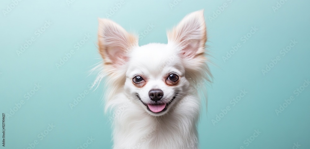 Happy long-haired chihuahua dog portrait against a teal background. Happy long-haired chihuahua dog portrait against a teal background.