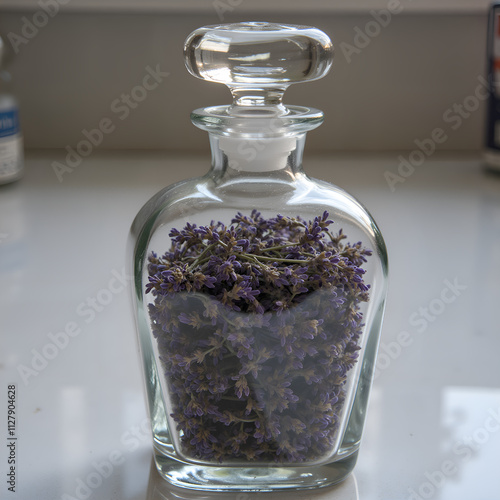 Elegant glass bottle filled with dried lavender blossoms capturing nature s fragile beauty, photography of still life concept. photo