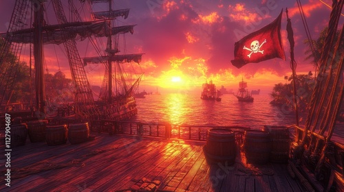 Pirate Ship Deck at Sunset with Wooden Planks Barrels Ropes and Skull Flag photo