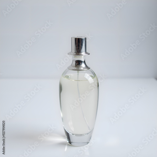 Exquisite glass perfume bottle with silvery cap and subtle fragrance glint, photography of still life concept. photo