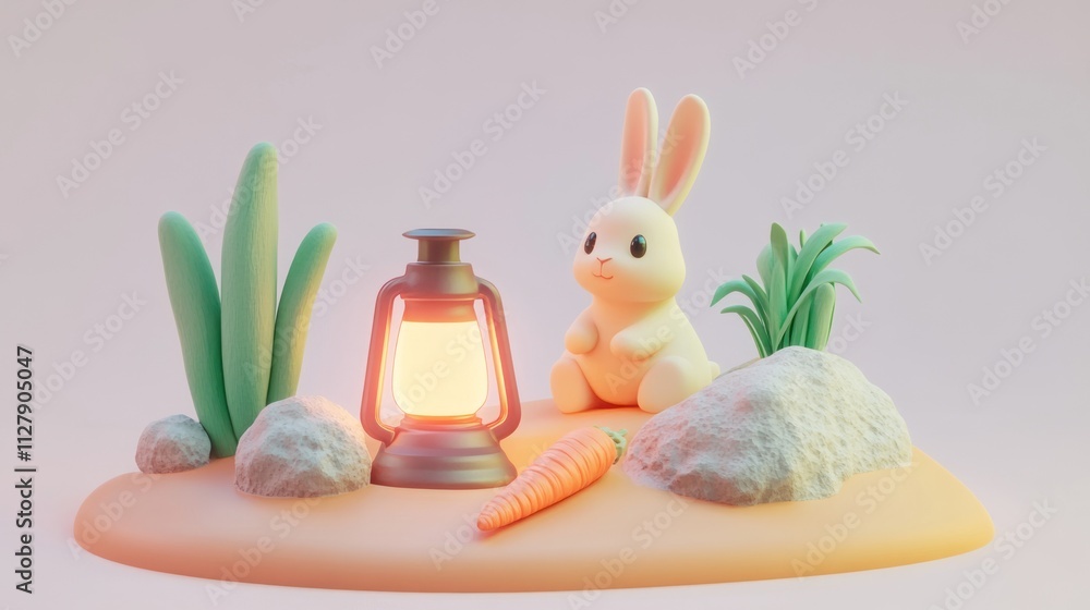 Cute 3D render of a bunny with a lantern and carrot. Cute 3D render of a bunny with a lantern and carrot.