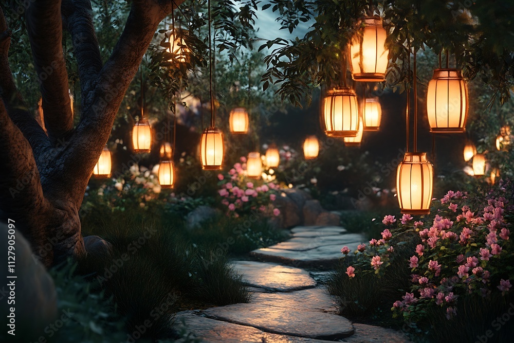 A serene pathway adorned with glowing lanterns and blooming flowers in a tranquil garden. A serene pathway adorned with glowing lanterns and blooming flowers in a tranquil garden.