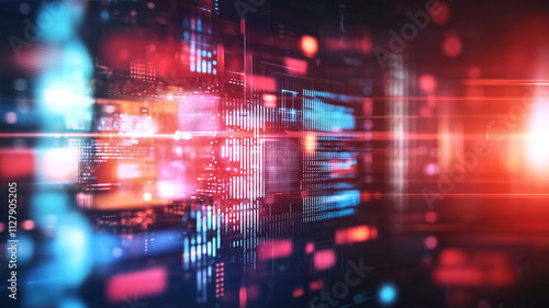 Futuristic cyberpunk setting with vibrant holographic lights and digital patterns. This immersive scene evokes sense of advanced technology and innovation