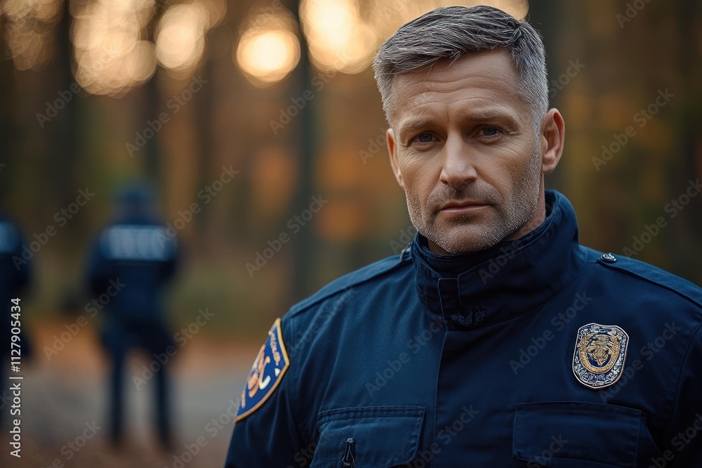 Police Officer in Navy Uniform Calmly Standing in a Wooded Area Soft Focus Natural Lighting Police Officer in Navy Uniform Calmly Standing in a Wooded Area Soft Focus Natural Lighting