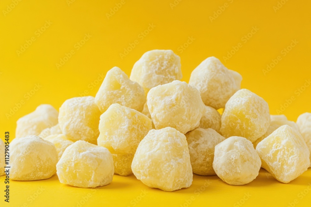 Close-up of a pile of uncooked potato gnocchi on a yellow background. Close-up of a pile of uncooked potato gnocchi on a yellow background.