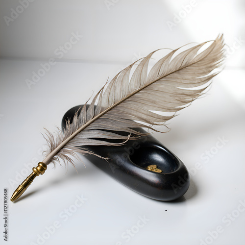 An exquisite feather quill pen resting on a smooth black inkstone with a gentle light, photography of still life concept. photo