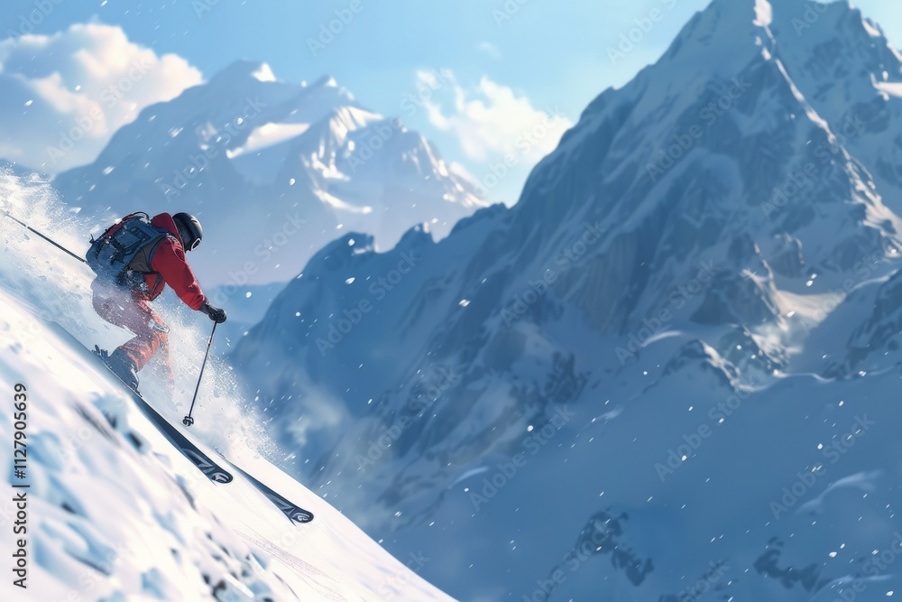 Skier carving down a mountain slope with a backdrop of majestic snow-capped peaks. Skier carving down a mountain slope with a backdrop of majestic snow-capped peaks.