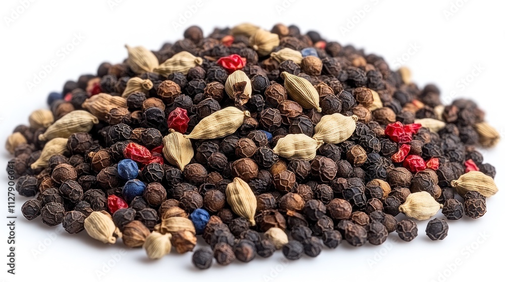 A close-up of a pile of mixed peppercorns and spices on a white background. A close-up of a pile of mixed peppercorns and spices on a white background.