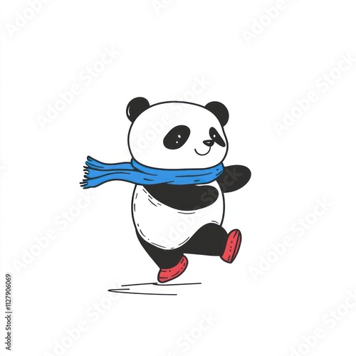 Cute panda wearing a scarf and shoes walking. photo