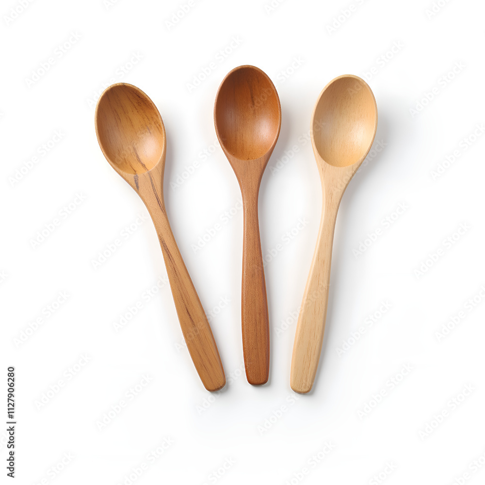 Three wooden spoons with varied tones and shapes on a clean white background, photography of still life concept. Three wooden spoons with varied tones and shapes on a clean white background, photography of still life concept.
