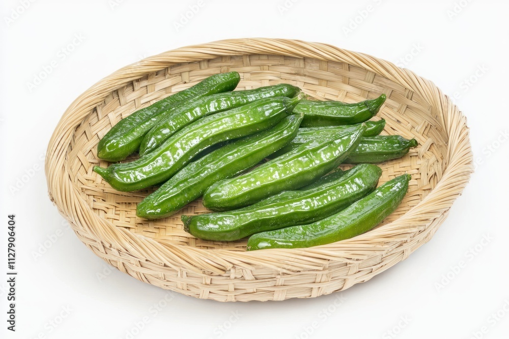 Fresh green yardlong beans in a wicker basket. Fresh green yardlong beans in a wicker basket.