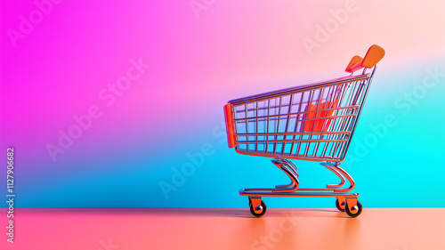 shopping cart on colorful gradient background, symbolizing online shopping and modern retail experiences. vibrant colors evoke excitement and convenience